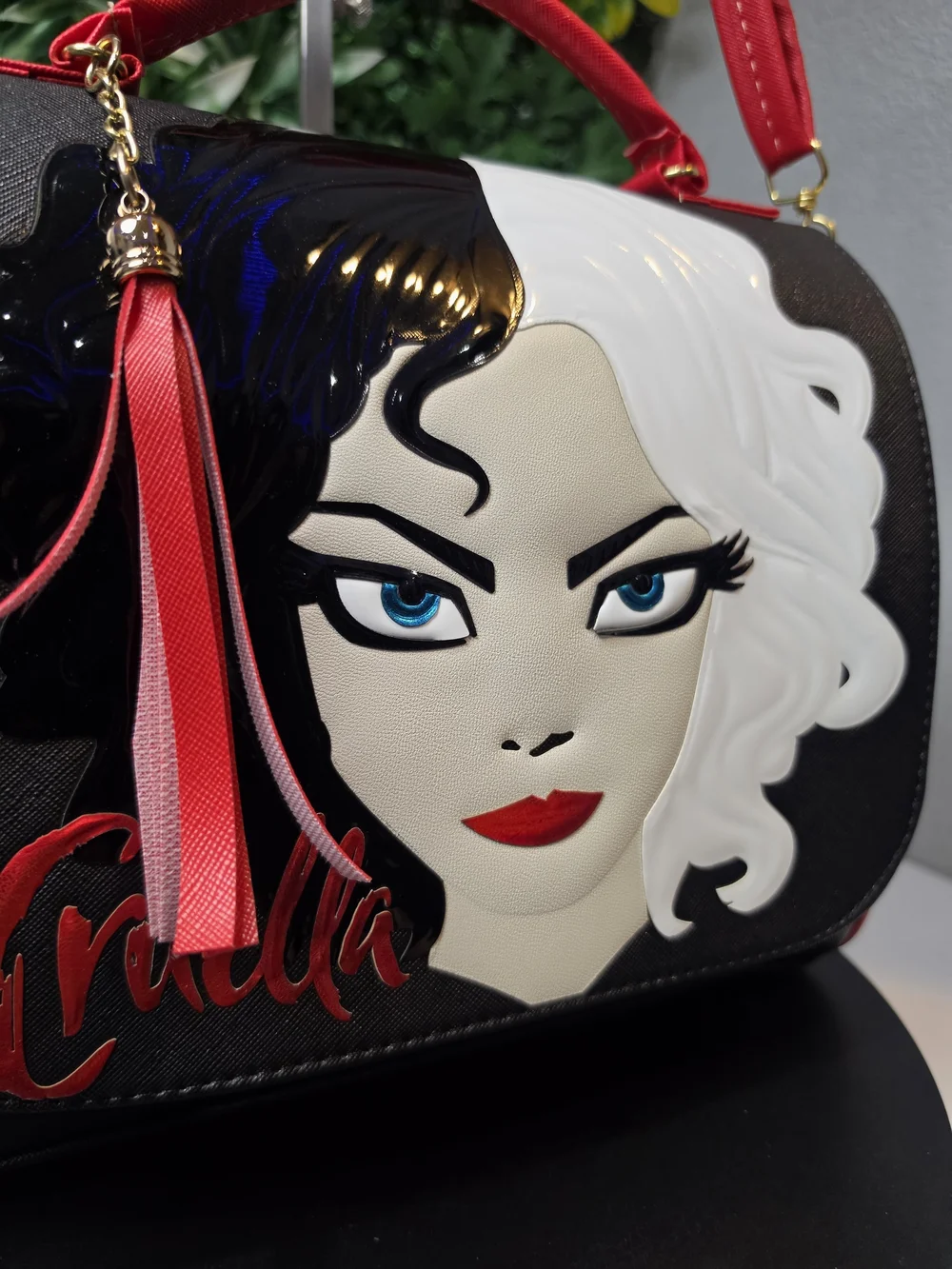 Black and Red Women's Satchel with Graphic Face Detail